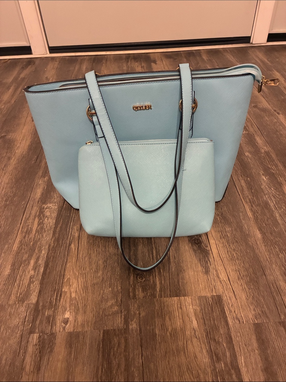 Light Blue Saffiano Leather Tote with Detachable Pouch